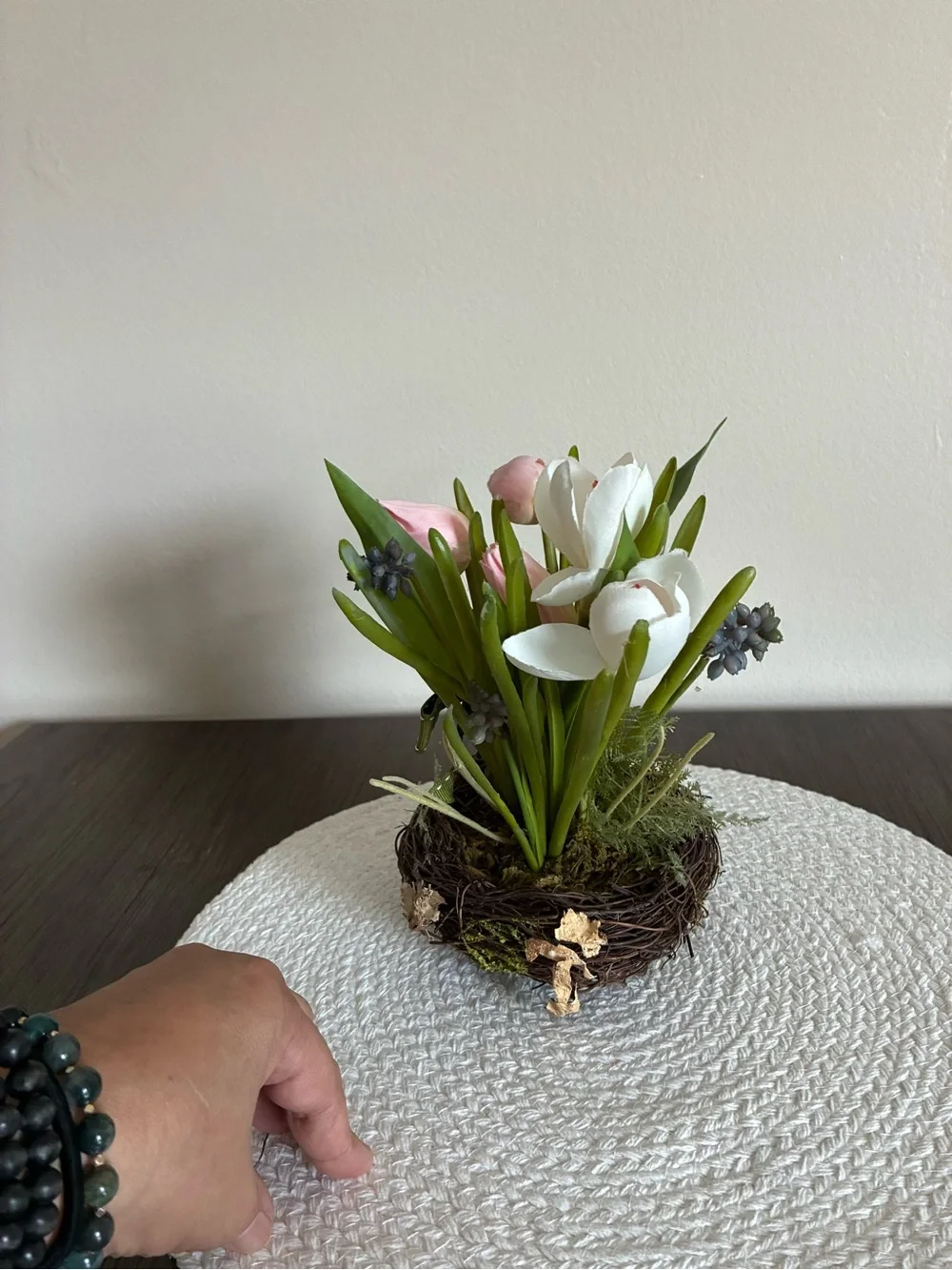 Pink & White Tulip Nest Arrangement with Green Ribbon - Home Accents